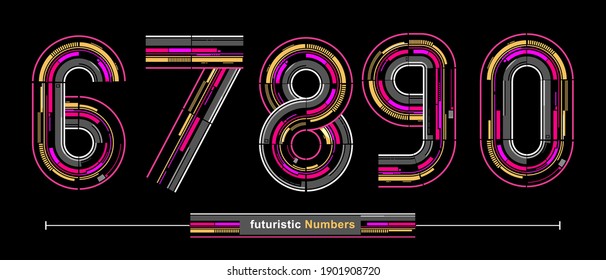 Vector graphic alphabet in a set 6,7,8,9,0, with Abstract futuristic modern Font. Typography design for posters, logos, cover, etc.
