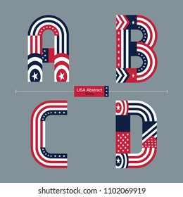 Vector graphic alphabet in a set A,B.C,D, with USA flag abstract style