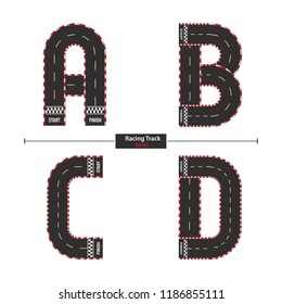 Vektorgrafik-Alphabet in einem Set A,B.C,D, mit Rennstreckenstil