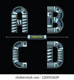 Vector graphic alphabet in a set A,B,C,D, with Hydraulic comic font style