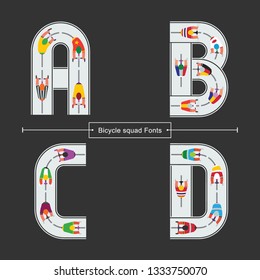 Vector graphic alphabet in a set A,B,C,D, with Abstract Bicycle squad top view on the road font style