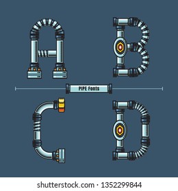 Vector graphic alphabet in a set A,B,C,D, with Metal pipes comic font style