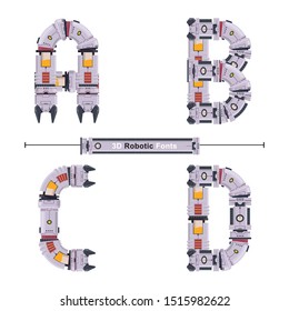 Vektorgrafik-Alphabet in einem Satz A, B, C, D, mit abstrakter 3D-Roboter-Schriftart. Typografie-Design für Poster, Logos, Deckel usw.