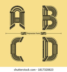 Vector graphic alphabet in a set A,B,C,D, with Polynesian Tattoo ethnic tribal font style