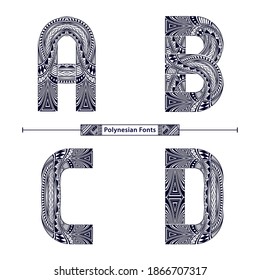 Vector graphic alphabet in a set A,B,C,D, with Polynesian Tattoo ethnic tribal font style
