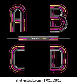 Vector graphic alphabet in a set A,B,C,D, with Abstract futuristic modern Font. Typography design for posters, logos, cover, etc.