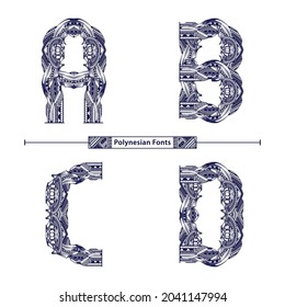 Alfabeto gráfico vectorial en un set A,B,C,D con estilo de fuente tribal étnico tatuo polinesio