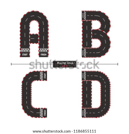 Vector graphic alphabet in a set A,B.C,D, with racing track style