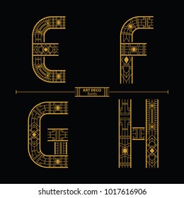 Vector graphic alphabet in a set E,F,G,H, with art deco style