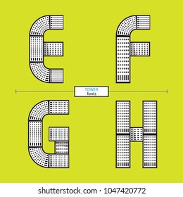 Vector graphic alphabet in a set E,F,G,H, with tower line design style
