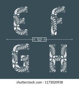 Vector graphic alphabet in a set E,F,G,H, with spring hand drawn style