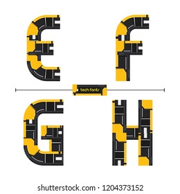 Vector graphic alphabet in a set E,F,G,H, with Modern Tech Yellow color style