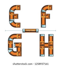 Vector graphic alphabet in a set EFGH, with Golden pipes comic font style