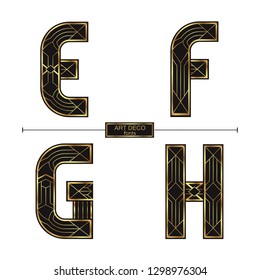 Vector graphic alphabet in a set E,F,G,H, with Art Deco golden color style