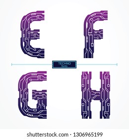 Vector graphic alphabet in a set E,F,G,H, with Technology line color style