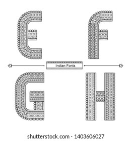 Vector graphic alphabet in a set E,F,G,H, with Abstract Indian ethnic style. Typography design for posters, logos, cover, etc.