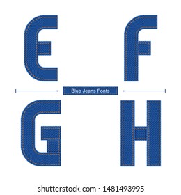 Vector graphic alphabet in a set E,F,G,H, with Abstract Blue Jeans Fabric fonts. Typography design for posters, logos, cover, etc.