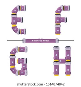 Vector graphic alphabet in a set E,F,G,H, with Abstract Futuristic Font. Typography design for posters, logos, cover, etc.
