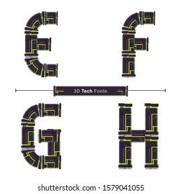 Vector graphic alphabet in a set E,F,G,H, with Abstract Green Tech Font. Typography design for posters, logos, cover, etc.