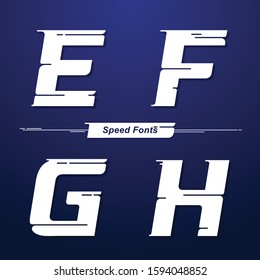 Vector Graphic Alphabet In A Set E,F,G,H, With Speed Font Style. For Event, Promo, Logo, Banner, Monogram And Poster. Typeset Design.