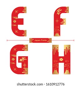 Vector graphic alphabet in a set E,F,G,H, with Japan font style