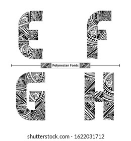 Vector graphic alphabet in a set E,F,G,H, with Polynesian Tattoo ethnic tribal font style