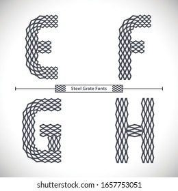 Vector graphic alphabet in a set E,F,G,H, with Steel Grate  font style