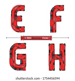 Vector graphic alphabet in a set E,F,G,H, with Abstract Red Machinery Font. Typography design for posters, logos, cover, etc.