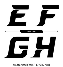 Alfabeto gráfico vectorial en un conjunto E,F,G,H, con Abstract Black Flash Font. Diseño tipográfico para afiches, logos, portada, etc.