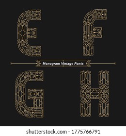 Alfabeto gráfico vectorial en un conjunto de E,F,G,H, con tipo de letra vintage abstracta monograma. Diseño tipográfico para afiches, logos, portada, etc.