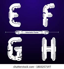 Alfabeto gráfico vectorial en un set E,F,G,H con Abstracto Futurista fuente. Diseño tipográfico para afiches, logos, portada, etc.