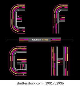 Alfabeto gráfico vectorial en un set E,F,G,H, con Abstracto Futurista fuente. Diseño tipográfico para afiches, logos, portada, etc.