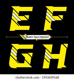 Vector graphic alphabet in a set E,F,G,H, with Abstract Yellow and White Modern Sport font style