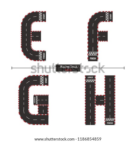 Vector graphic alphabet in a set E,F,G,H with racing track style