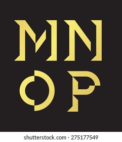 Vector graphic alphabet in a set in golden color and minimal design on isolated background