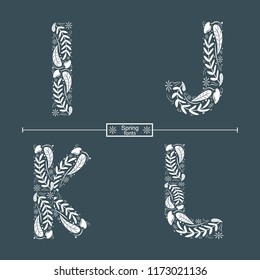 Vector graphic alphabet in a set I,J,K,L, with spring hand drawn style