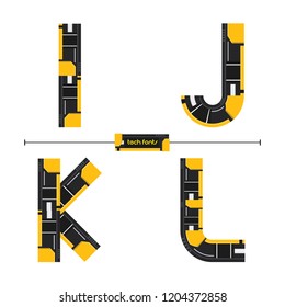 Vector graphic alphabet in a set I,J,K,L, with Modern Tech Yellow color style