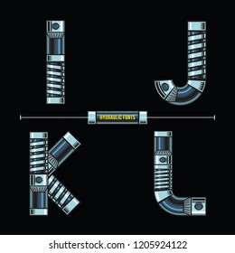 Vector graphic alphabet in a set I,J,K,L, with Hydraulic comic font style