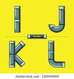 Vector graphic alphabet in a set I,J,K,L, with Metal pipes comic font style