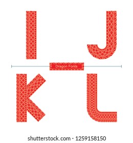 Vector graphic alphabet in a set I,J,K,L, with Red Dragon texture font style