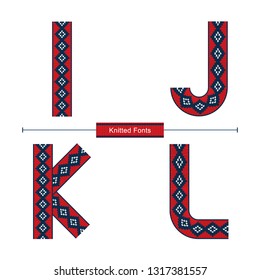 Vector graphic alphabet in a set I,J,K,L, with Knitted christmas norwegian font style