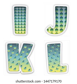 Vector graphic alphabet in a set I,J,K,L, with embroidered fabric fonts with calligraphic letters style