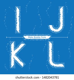 Vector graphic alphabet in a set I,J,K,L, with Abstract Water Bubbles fonts on blue background. Typography design for posters, logos, cover, etc.