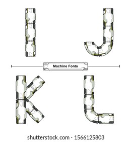 Vector graphic alphabet in a set I,J,K,L, with Abstract Futuristic Machine Font. Typography design for posters, logos, cover, etc.