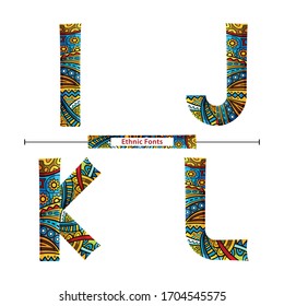Vector graphic alphabet in a set I,J,K,L, with Colorful  ethnic tribal fonts style