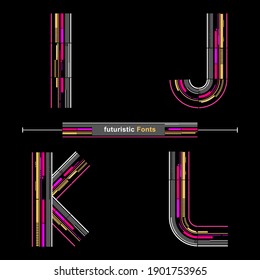 Alfabeto gráfico vectorial en un set I,J,K,L, con Abstracto Futurista Fuente. Diseño tipográfico para afiches, logos, portada, etc.