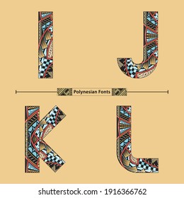 Vector graphic alphabet in a set I,J,K,L, with Polynesian Tattoo ethnic tribal font style