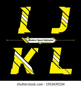 Vector graphic alphabet in a set I,J,K,L, with Abstract Yellow and White Modern Sport font style