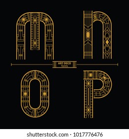 Vector graphic alphabet in a set M,N,O,P with art deco style