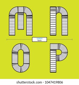 Vector graphic alphabet in a set M,N,O,P, with tower line design style